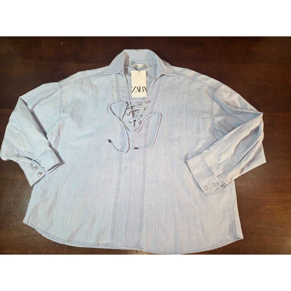 ZARA Lace‑Up Chambray Shirt Light Blue Long Sleeve Collared Top Size L